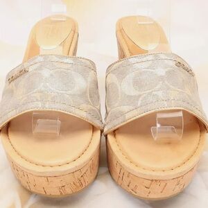 Coach Joanne Slide Wedge Heels Sz 7 1/2 Gold Beige W/Cork Bottom